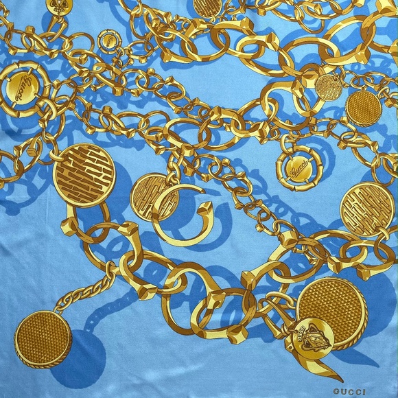 Gucci Scarf Logo Chains Blue Gold Silk Wrap